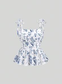 Sweetra Áo hai dây xếp ly in hoa dành cho nữ, thích hợp cho kỳ nghỉ, màu xanh dương và trắng, họa tiết Y2K. - Xanh và trắng - Xem 1