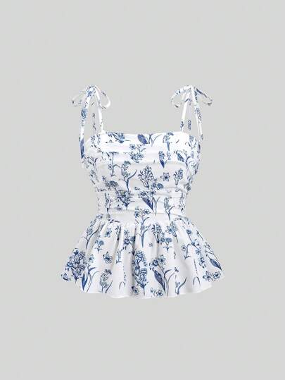 Sweetra 女士花卉印花褶皱吊带背心，适合度假，蓝白Y2K图案女式上衣