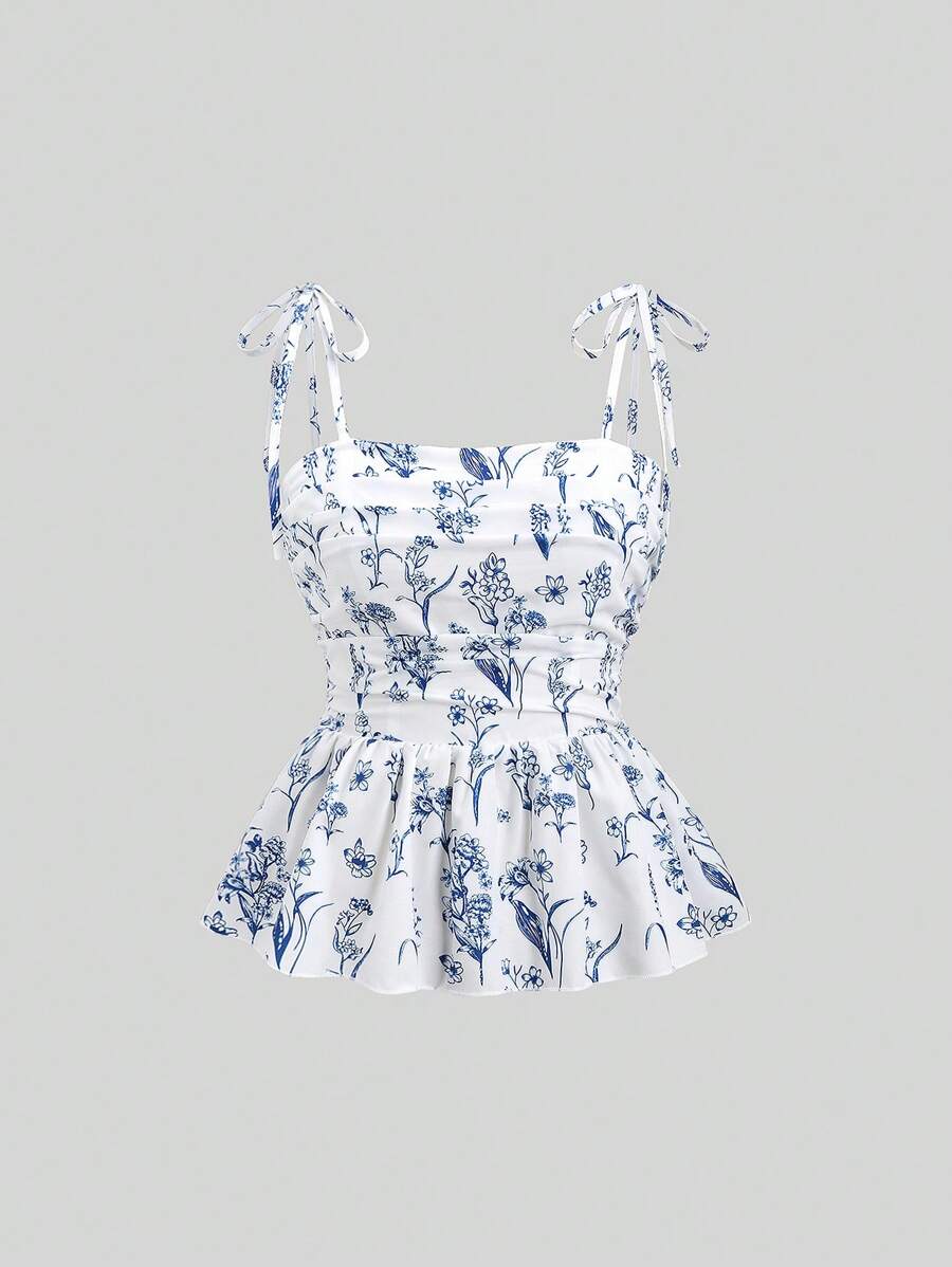 Sweetra Áo hai dây xếp ly in hoa dành cho nữ, thích hợp cho kỳ nghỉ, màu xanh dương và trắng, họa tiết Y2K. - Xanh và trắng - Xem 1