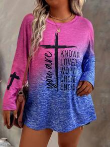 Plus Size Ronde Hals Lange Mouw Ombre Letter Print T-shirt, Casual Dagelijkse Kleding Grafische T-shirts Dames Tops Voor Lente Outfit