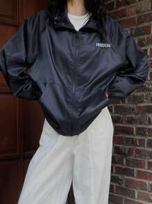 DAZY 女式字母刺绣前拉链休闲夹克，秋季服装 - 藏蓝色 - 查看 10