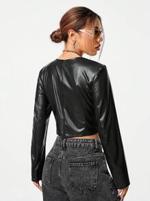 SHEIN EZwear Women's Fall Y2K Date Night  PU Leather Black Fitted V-Neck Long Sleeve Cropped Jacket