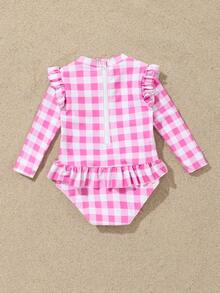 女婴褶饰花卉格子连体泳衣，休闲度假 - 彩色 - 查看 2