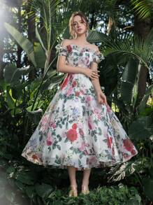 Off Shoulder Lace Up Back Ruffle Trim Floral Organza Homecoming Prom Dress Perfect For Back To School, Gathering, Dance & Cocktail Events, White Elegant Semi Formal Dress, For Birthday, Wedding Guest, Graduation