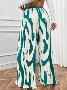 SHEIN EZwear 大码女式高腰扎染印花褶皱阔腿宽松裤 - 綠色 - 查看 2