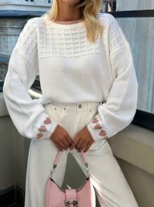 EURMUSE Casual Cute Pink Heart Pattern Balloon Sleeve Sweater - White - View 2