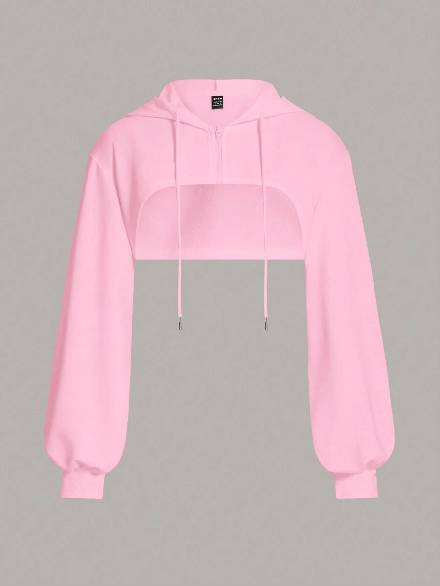 SHEIN EZwear Hooded Zipper Cropped Casual Sweatshirt, Pink In Fall/Winter - Pink - View 1