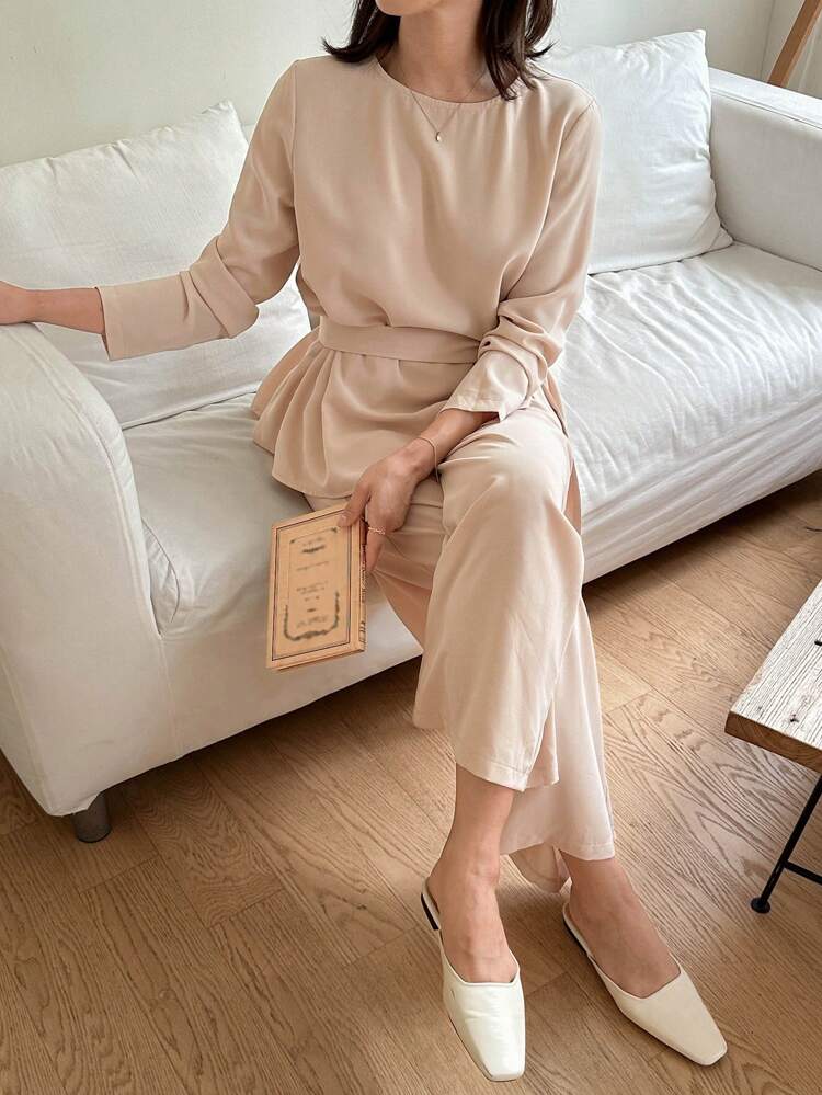 2pcs Ladies Business Casual Tie Blouse And Pants Set