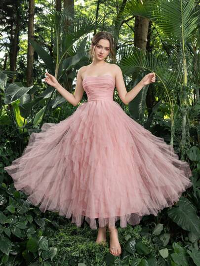 Faeriesty Prom Dresses Elegant Strapless Tulle Dress: Ruched Front & Cascading Ruffles For Homecoming, Dances, – Versatile Style For Teens & Young Women
