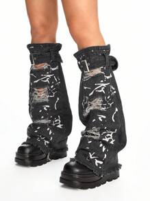 ROMWE Grunge Punk 仿旧牛仔效果大腿高宽松腿套 - 修身喇叭腿设计 - 黑色 - 查看 1