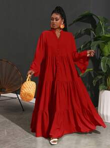 Slaydiva Plus Size Loose A-Line Shirt Dress, Casual Holiday Wear For Women - Red - View 1