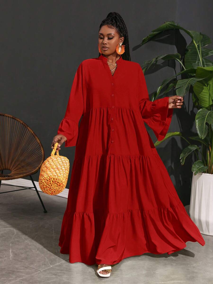 Slaydiva Plus Size Loose A-Line Shirt Dress, Casual Holiday Wear For Women - Red - View 1