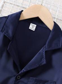 SHEIN 2 pièces/set Pyjama pour pré-adolescents garçons, cardigan à col châle bleu marine unicolore et pantalon, ignifuge, confortable