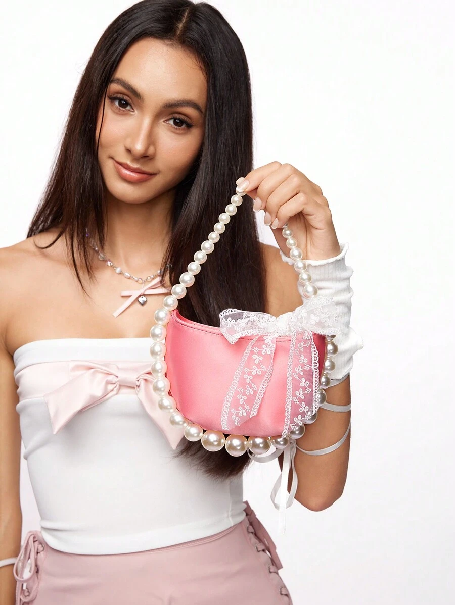 SHEIN MOD Fashion Solid Color Pearl Lace Bow Decor Half-Round Handbag For Women, Cute Bow Bag For Women - Pink - View 1
