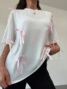 Aloruh Romantic Y2K Style Loose Fit Bow Neck Short Sleeve White T-Shirt For Women