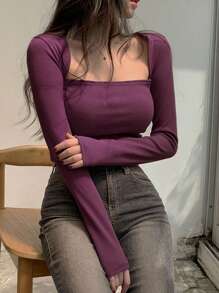 DAZY Camiseta de manga larga de unicolor minimalista para mujer, uso casual de todos los días, parte superior de otoño