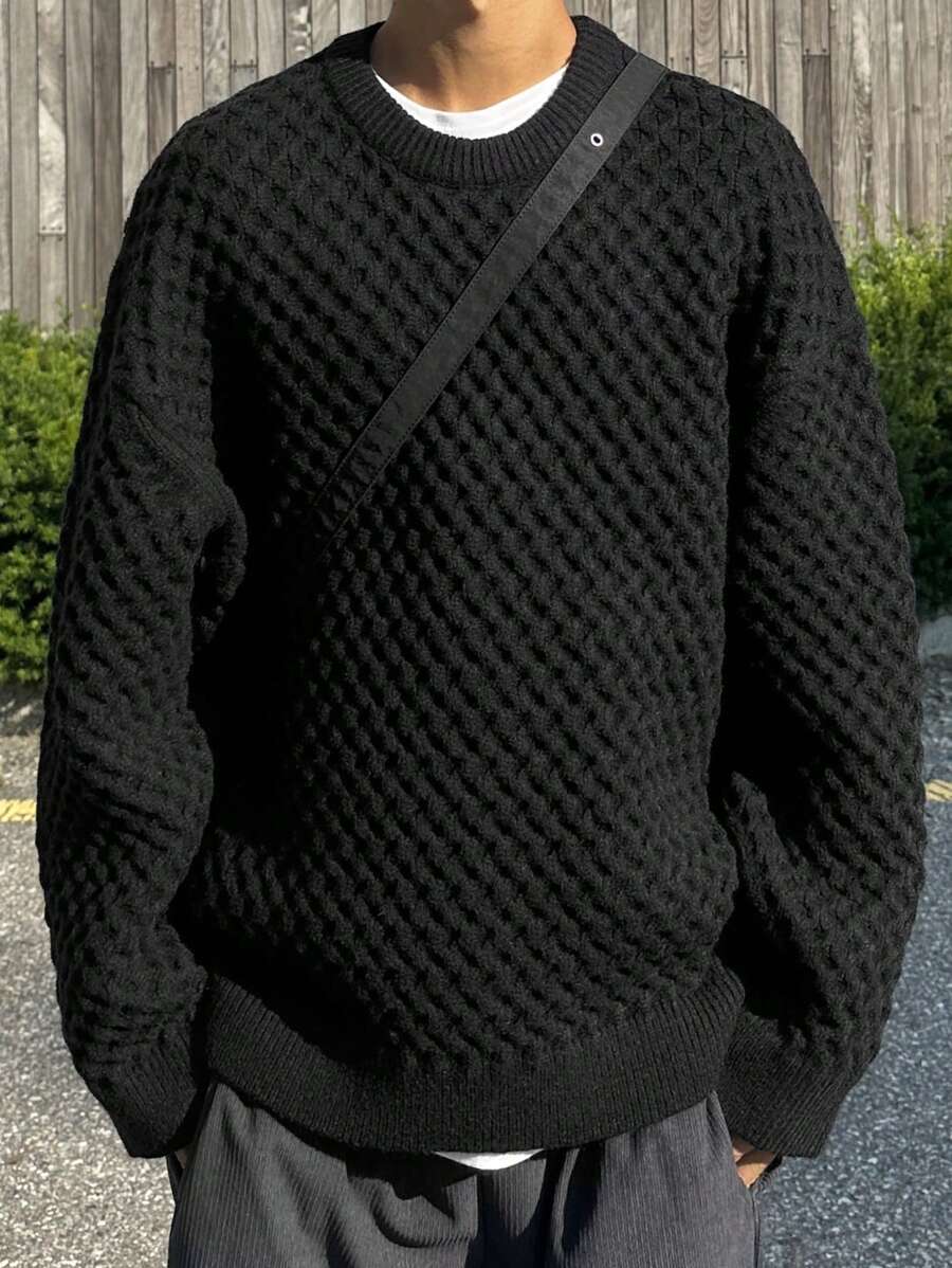 DAZY Men's Round Neck Drop Shoulder Casual Loose Plain Knit Sweater, Autumn, Grunge Style