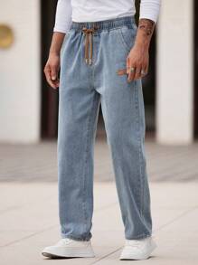 Men's Slant Pocket Drawstring Elastic Waist Washed Denim Jeans - Light Wash - View 6