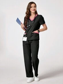 TaskEZ Solid Color Patchwork V-Neck Short Sleeve Top And Pocket Pants Uniform Scrub Set