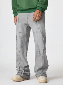 PAVTROS Manfinity Streetrush Men's Light Grey Washed Ripped Hem Tapered Flare Jeans With Patches - Light Grey - View 1