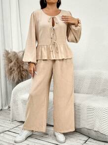 SHEIN Essnce 2pcs Women Plus Size Bowknot Front Cardigan Top And Casual Wide Leg Pants Set