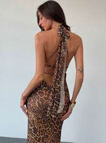 Aloruh Đầm thiết kế cổ yếm hở lưng họa tiết da báo gợi cảm mới - màu nâu - Xem 3