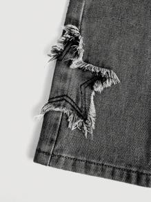 SHEIN Girlism Tween Girl Y2K 春夏波西米亚风星星贴花褪色磨损宽松直筒牛仔裤，儿童服装