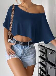 SHEIN EZwear Kaos Rajut Longgar Model Oversized Satu Bahu untuk Wanita, Biru Tua - Navy Blue - View 4