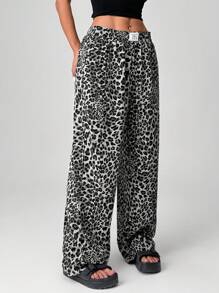 SHEIN EZwear 女士豹纹阔腿街头裤 - 灰色 - 查看 5