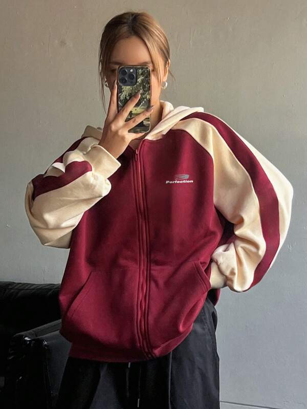 DAZY Women's Autumn Winter Contrast Color Letter Print Raglan Sleeve Hooded Casual Sweatshirt