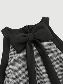 SHEIN MOD 圆领无袖蝴蝶结格子 A 字裙、文艺复兴裙、返校节短裙、半正式裙、复古格子裙、音乐会女装、优雅女裙、蝴蝶结裙、仙女服装裙、女士轻便裙 - 黑色 - 查看 3