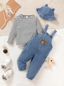 3st Barn Flickor Preppy Style Stickad Randig Topp, tvättad jeansoverall med avtagbar hattsats, Casual Elegant Höst Vinteroutfit - Blå - Visa 7