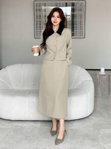 DAZY Bộ đồ vest blazer dài tay cài nút ve áo màu tương phản dành cho nữ và váy - Màu be - Xem 8