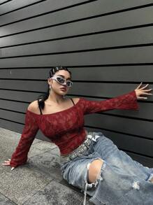 SHEIN MOOSTA Plus Size Women Off-Shoulder Hollow-Out Long Sleeve Top - Burgundy - View 6