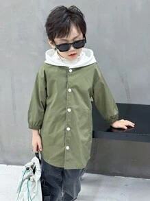 SHEIN 1pc Young Boys' Casual Long Sleeve Hooded Mid-Length Trench Coat, Suitable For Daily Wear, Breathable, Outdoor, Commuting, School, Autumn/Winter