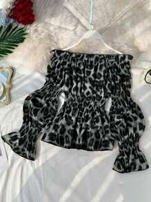 Franclia Women's Fall Off Shoulder Lantern Sleeve Ruched Leopard Print Blouse Women Shirt - Light Grey - View 2