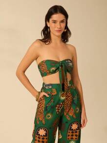 CAJUNI 女士度假休闲海滩热带豹纹和椰子树印花露肩露背撞色抹胸夏季背心