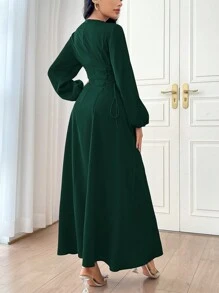 Modelyn 女士纯色简约日常长袖连衣裙派对优雅晚会长袖长裙长款晚礼服 - 墨綠色 - 查看 3