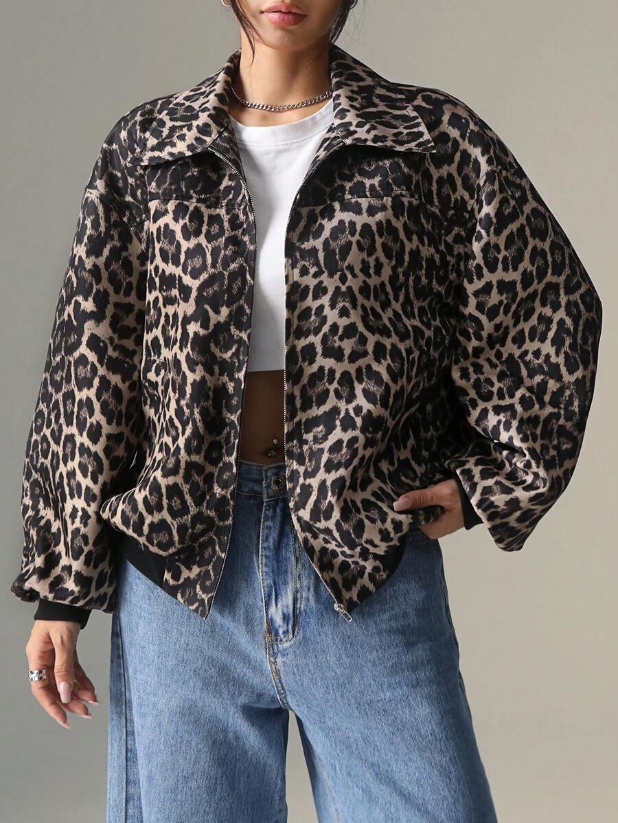 SHEIN EZwear 女士豹纹拉链休闲长袖外套（秋冬款） - 棕色 - 查看 1