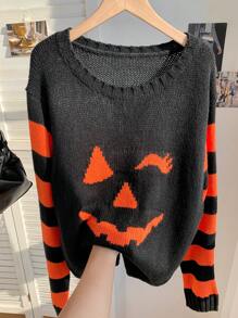 Comfortcana كنزة صوفية بسيطة ذات رقبة طاقم بطبعة هالوين للنساء، للارتداء اليومي العادي في فصلي الخريف والشتاء - الأسود - مشاهدة 3