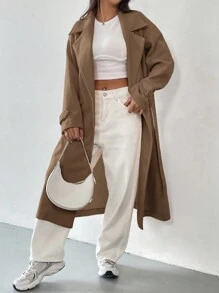 SHEIN EZwear Women's Solid Color Modest Long Sleeve Button Front Casual Jacket - Coffee Brown - View 3
