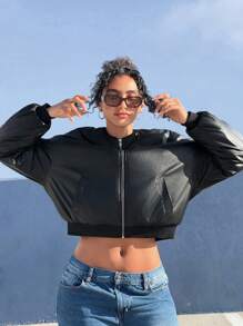 Forever 21 Casaco acolchoado de estilo casual com colarinho de beisebol em couro PU, novidade para outono/inverno