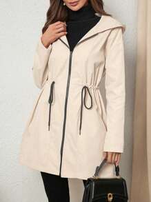 SHEIN Privé Women's Solid Color Drawstring Waist Pocket Casual Hooded Loose Regular Jacket, Spring Autumn - White - View 2