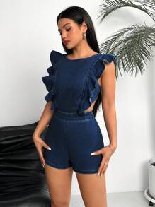 SHEIN EZwear 女士纯色荷叶边连体裤，休闲装 - 深色水洗藍 - 查看 5