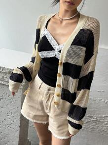 FRIFUL Women Colorblock Striped Long Sleeve Cardigan,Fall Women Clothes - Blue - View 2