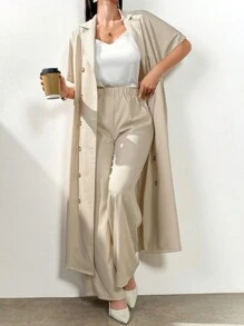 Modelyn 2pcs Women's Front Button Short Sleeve Casual Top & Pants Set Perfect For Business/Work/Cocktail Party/Wedding/Daily/Graduation Women Two-Piece Outfits 2 Pieces Set