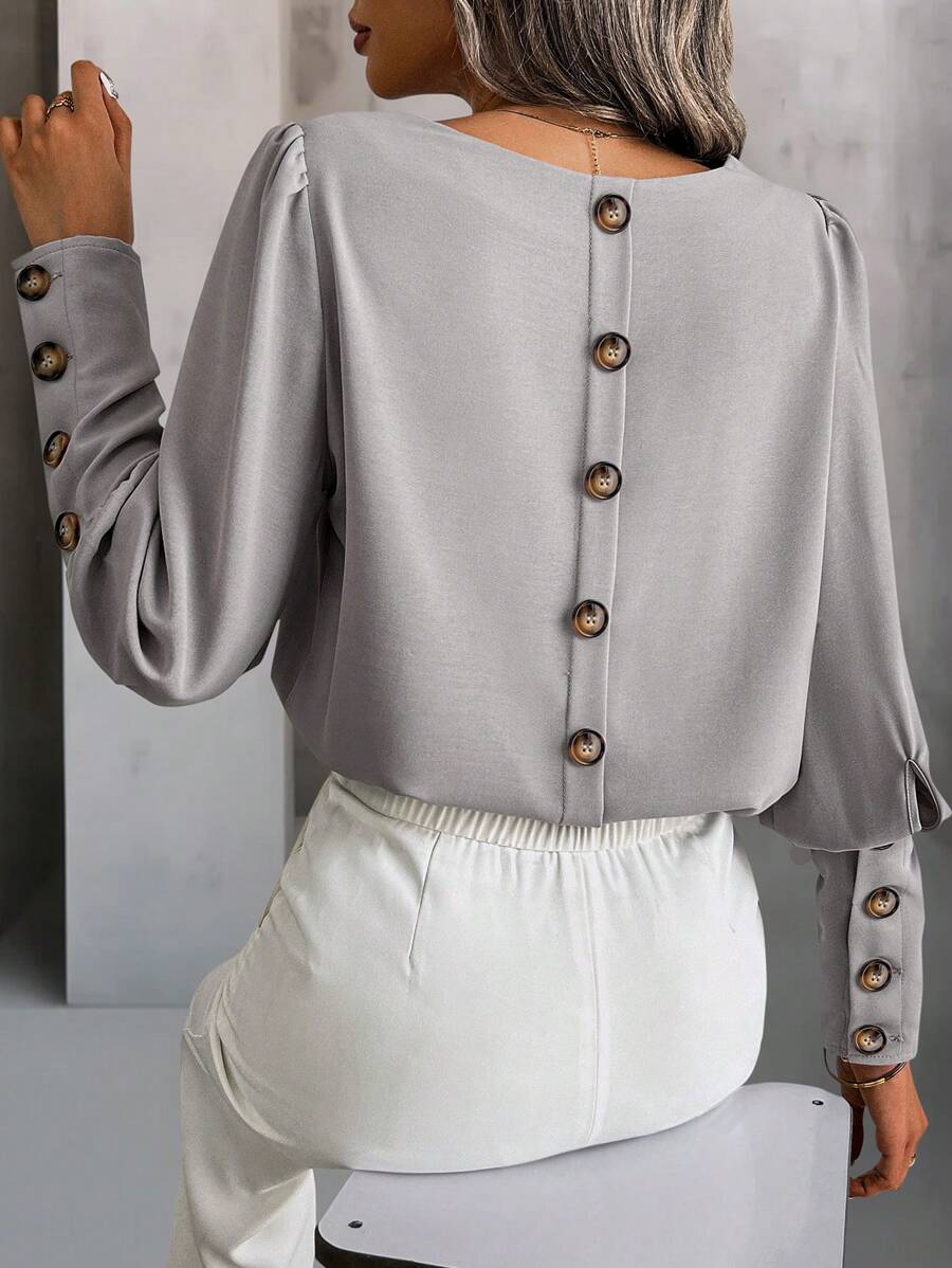 EMERY ROSE Plain Round Neck Long Sleeve Button Classic Casual Shirt Fall Cloth For Women - Grey - View 1