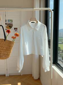 Comfortcana Women's Solid Color Shirt Collar Button Up Long Sleeve Simple Blouse, Casual Everyday Wear