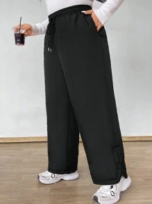 Flirla Pantalones holgados de unicolor con cordón en la cintura para tallas grandes - Negro - Ver 4
