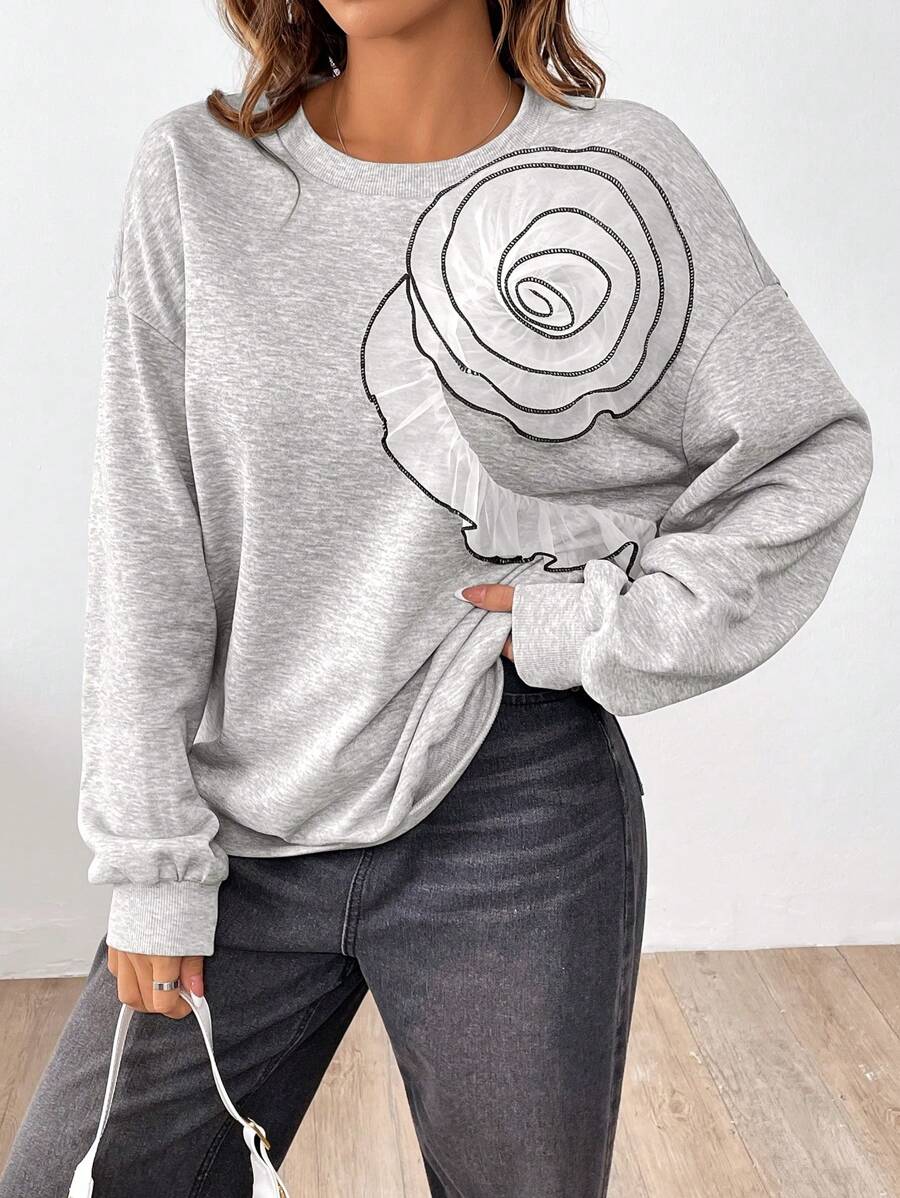 Chiquease Women's Casual Ruffle Trim Crew Neck Long Sleeve Sweatshirt Pullover Fall - Grey - View 1